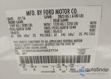 2017 Ford Explorer Xlt из США, поврежденный, VIN 1FM5K8D89HGA21734